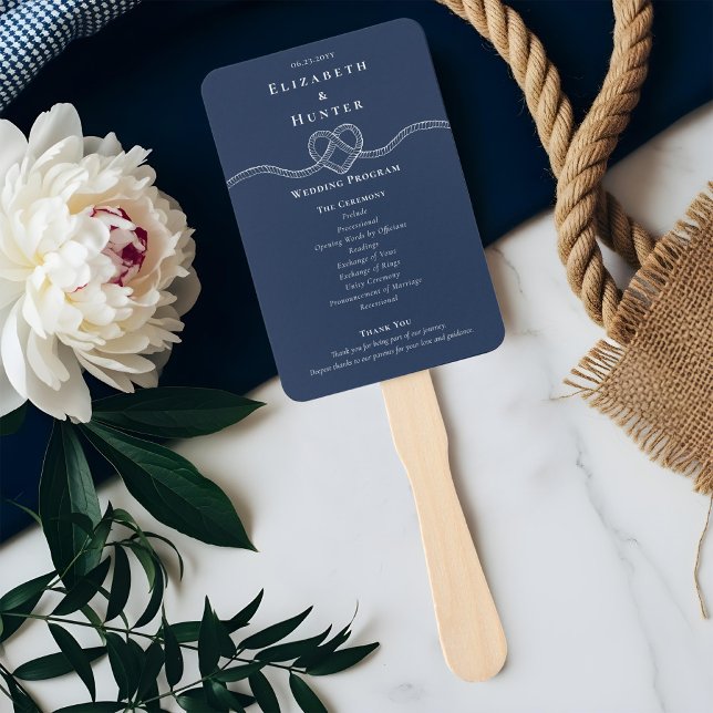 Tying The Knot Rope Heart Navy Wedding Program  Hand Fan (Tying The Knot Rope Heart Navy Wedding Program Hand Fan)