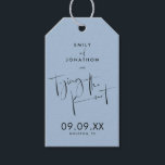 Tying the Knot Script Dusty Blue Save the Date Gift Tags<br><div class="desc">Invite your guests to save your wedding date with this elegant black typographical design with an elegant handwritten style script Tying the Knot across the middle and a dusty blue background. The word "and" in between your names is in a matching set script. The rest of the text can be...</div>