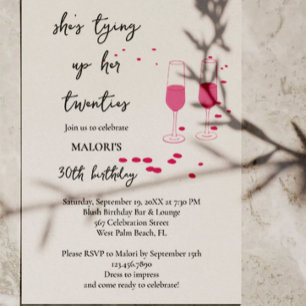 Tying Up Her Twenties Pink Champagne 30th Birthday Invitation