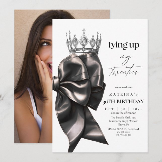 Tying Up My Twenties Black Bow 30th Birthday Invitation (Front/Back)