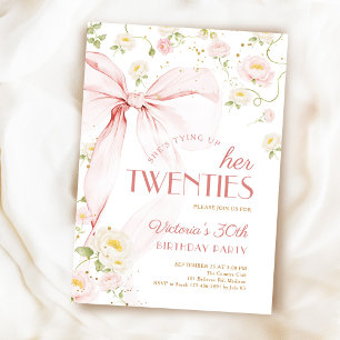 Tying Up Twenties Pink Bow Floral 30th Birthday Invitation