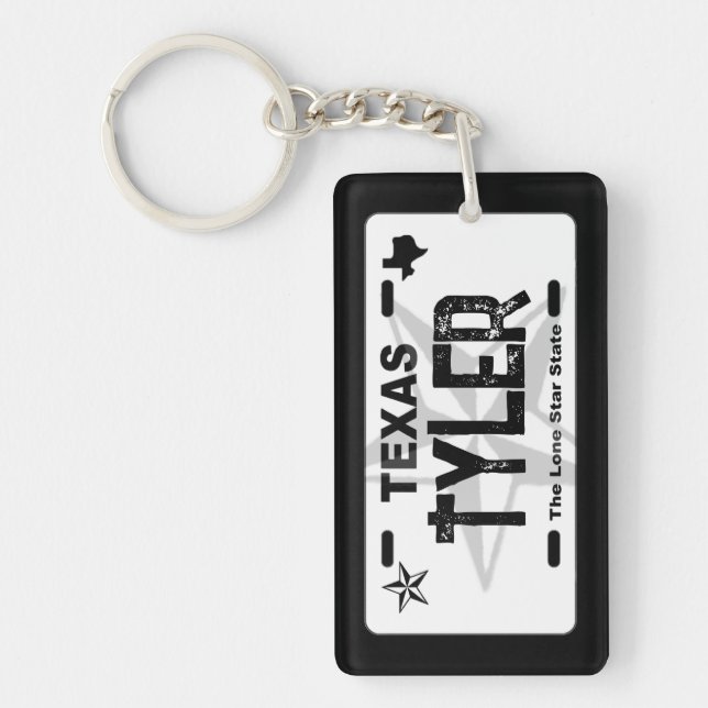 Tyler Texas black license plate keychain (Front)