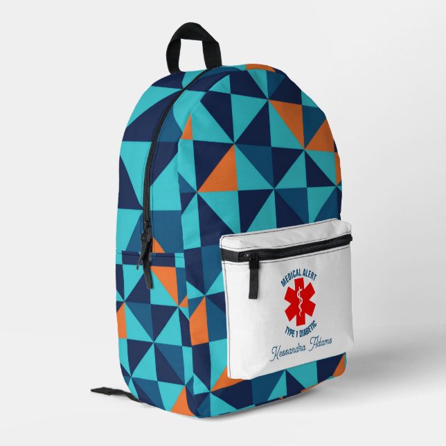 Type 1 Diabetic Medical Alert Personalised Printed Backpack (Back Corner Left)