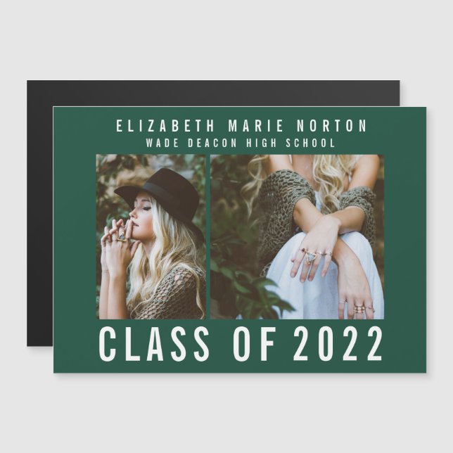 Type graduation multi photo modern magnetic green invitation (Front/Back)