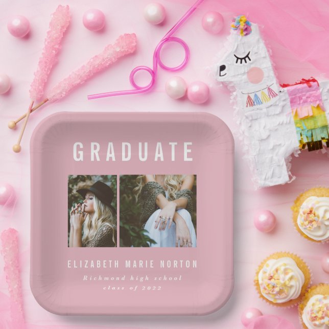 Type graduation multi photo pink and white party paper plate (Party)