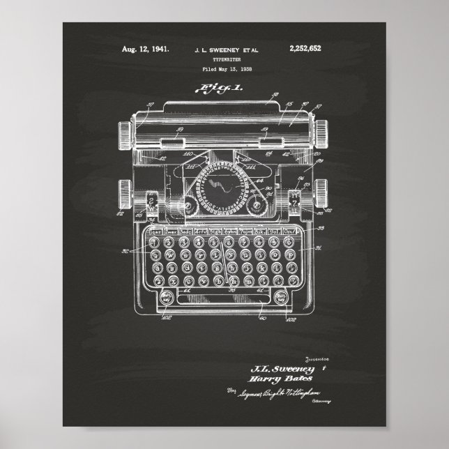 Typewriter 1941 Patent Art - Chalkboard Poster (Front)