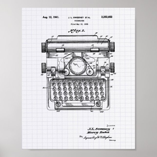 Typewriter 1941 Patent Art - Lined Peper Poster (Front)