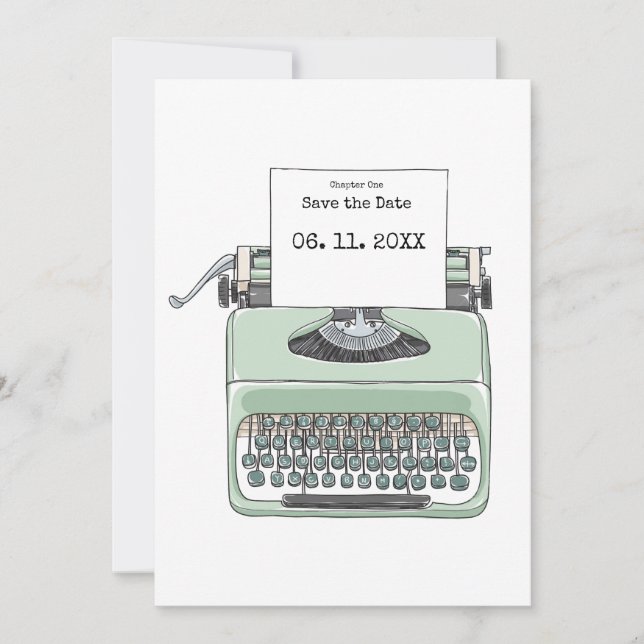 Typewriter book themed Wedding Save The Date (Front)