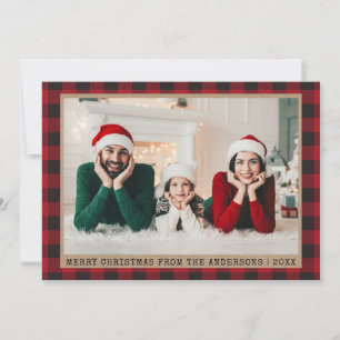 Typewriter Font Christmas Photo Red Plaid Kraft Holiday Card