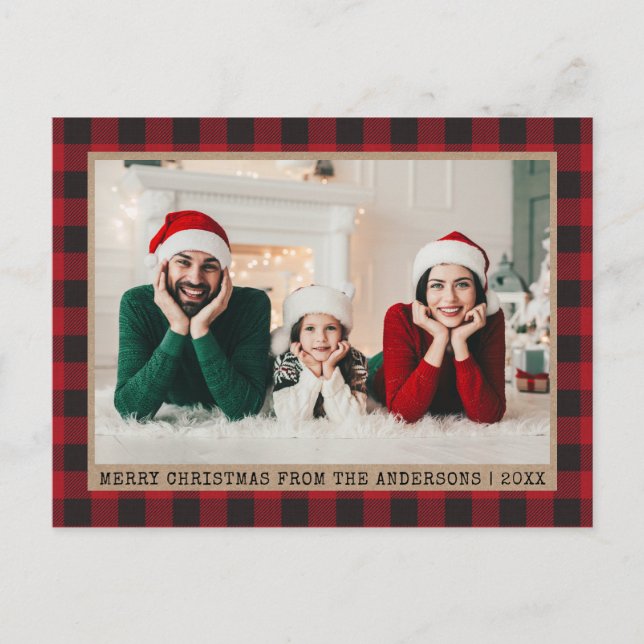 Typewriter Font Christmas Photo Red Plaid Kraft Postcard (Front)