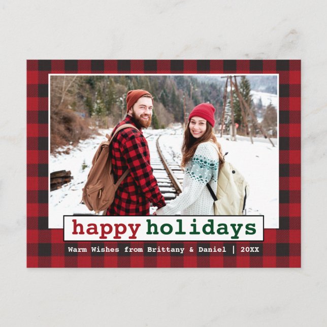 Typewriter Font Happy Holidays Photo Red Plaid Postcard (Front)