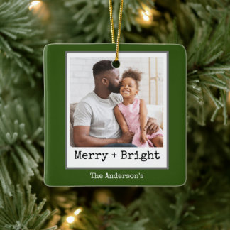 Typewriter Minimalist Christmas Photo Merry Bright Ceramic Ornament