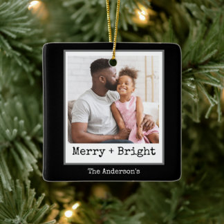 Typewriter Minimalist Christmas Photo Merry Bright Ceramic Ornament