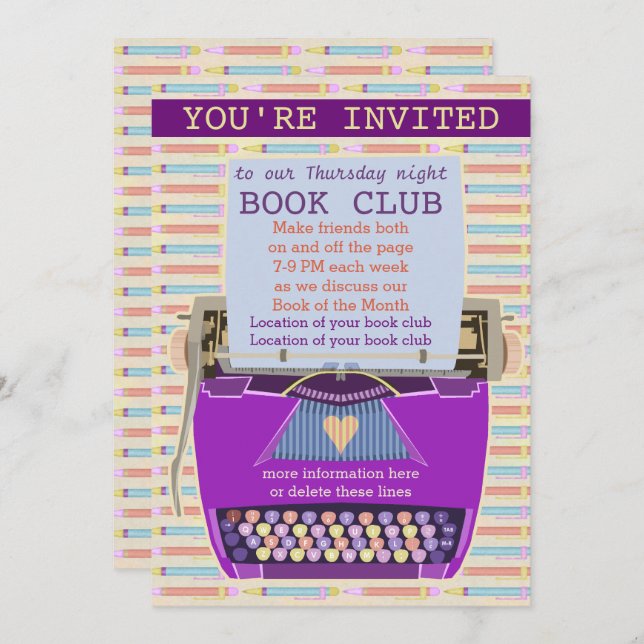Typewriter Personalised Book Club Reading Group 1 Invitation (Front/Back)
