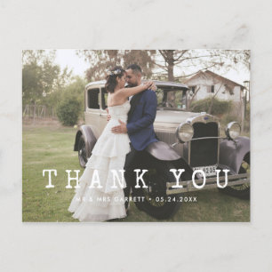 Typewriter script wedding photo thank you postcard