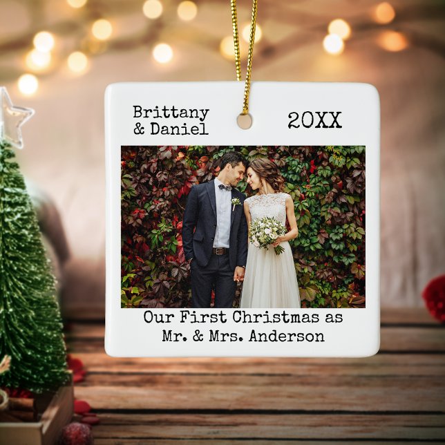 Typewriter Text First Christmas as Mr. and Mrs. Ceramic Ornament (Customize to change text size or text style.)