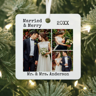Typewriter Text Married and Merry Wedding Photos Metal Tree Decoration
