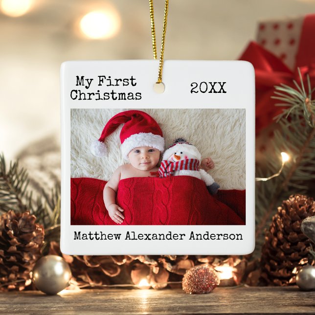 Typewriter Text My First Christmas Baby Ceramic Ornament (Customize to change text size or style.)