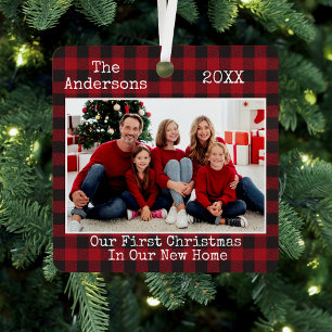 Typewriter Text Plaid First Christmas New Home Metal Tree Decoration