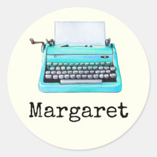 Typewriter With Name Girly Aqua Retro 60s   Classic Round Sticker