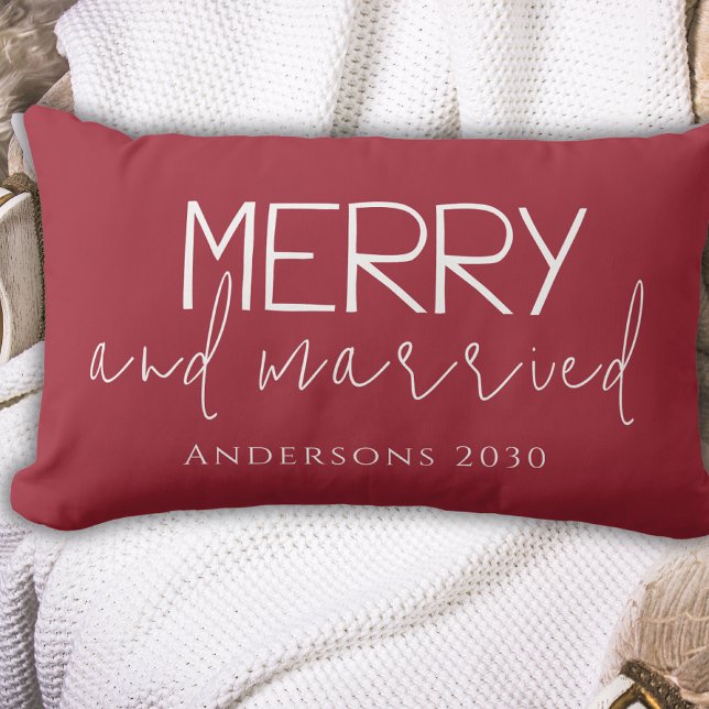 Typhography Merry And Married First Christmas Red  Lumbar Cushion (Creator Uploaded)