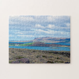 Typical Iceland morning seascape with farms Jigsaw Puzzle