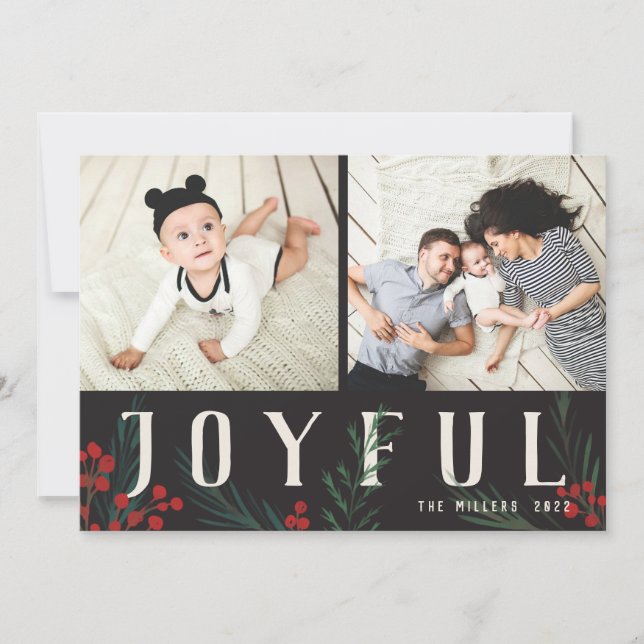 Typographic Botanicals 2 Photo Collage Joyful Holiday Card (Front)