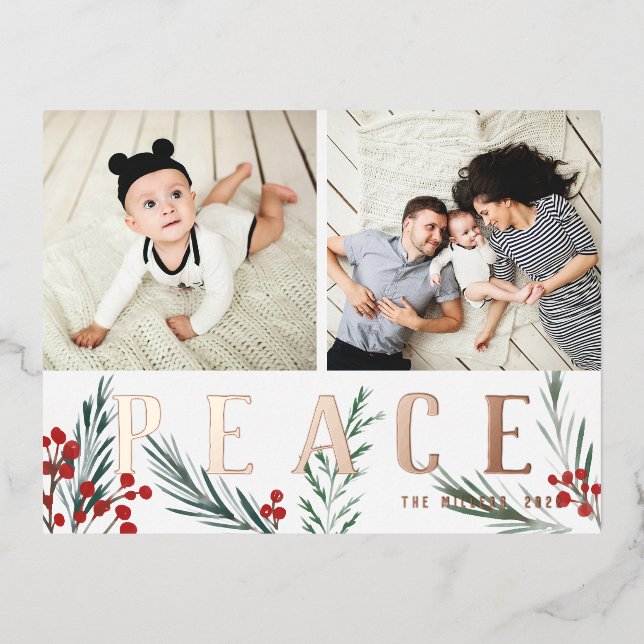 Typographic Botanicals 2 Photo Collage Peace Foil Holiday Postcard (Front)