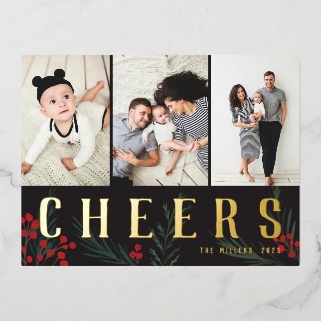 Typographic Botanicals 3 Photo Collage Cheers Foil Holiday Postcard (Front)