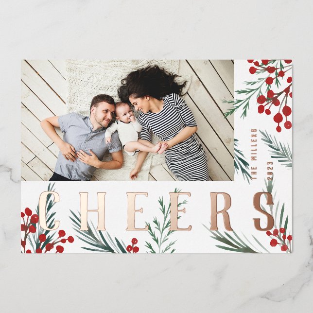 Typographic Botanicals Photo Cheers Foil Holiday Card (Front)