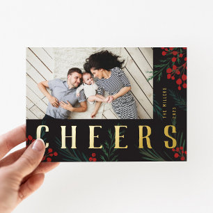 Typographic Botanicals Photo Cheers Foil Holiday Card