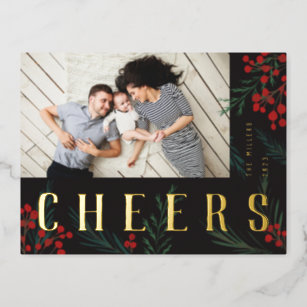 Typographic Botanicals Photo Cheers Foil Holiday Postcard