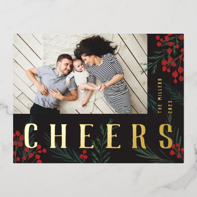 Typographic Botanicals Photo Cheers Foil Holiday Postcard (Front)