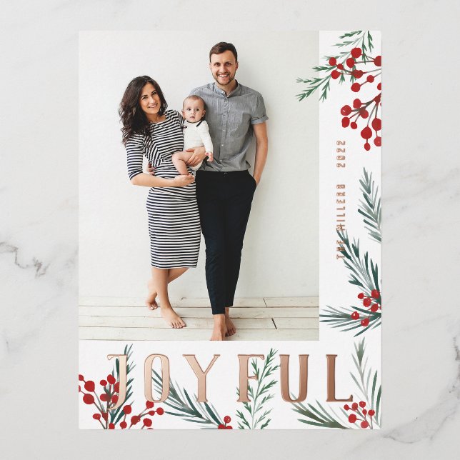 Typographic Botanicals Photo Joyful Foil Holiday Postcard (Front)