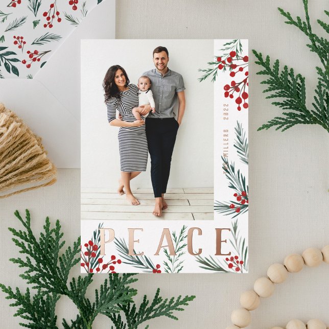 Typographic Botanicals Photo Peace Foil Holiday Card (Creator Uploaded)