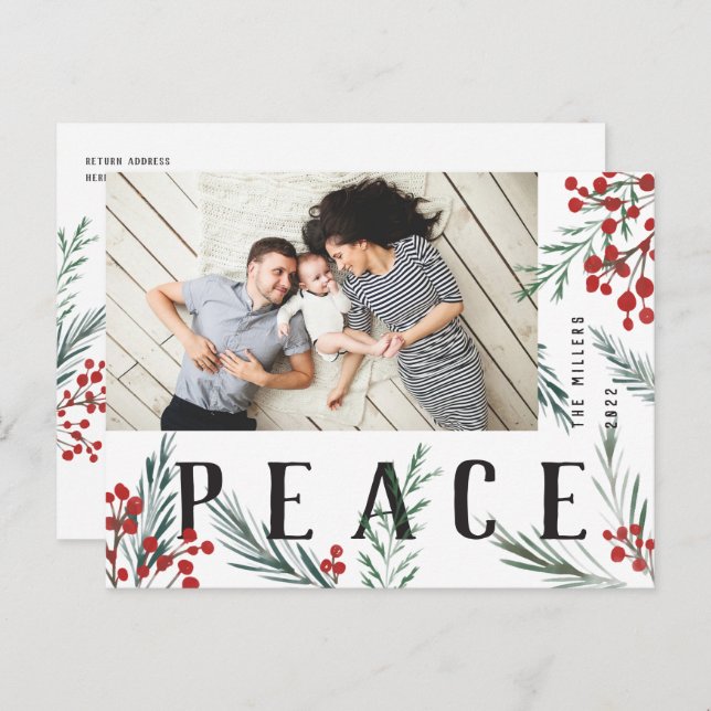 Typographic Botanicals Photo Peace Holiday Postcard (Front/Back)