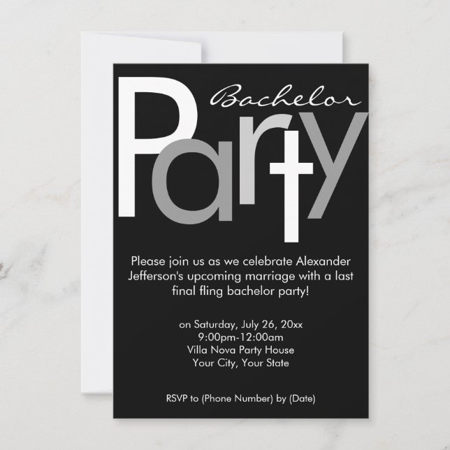 Typographic Grey Black Bachelor Party Invitation (Front)
