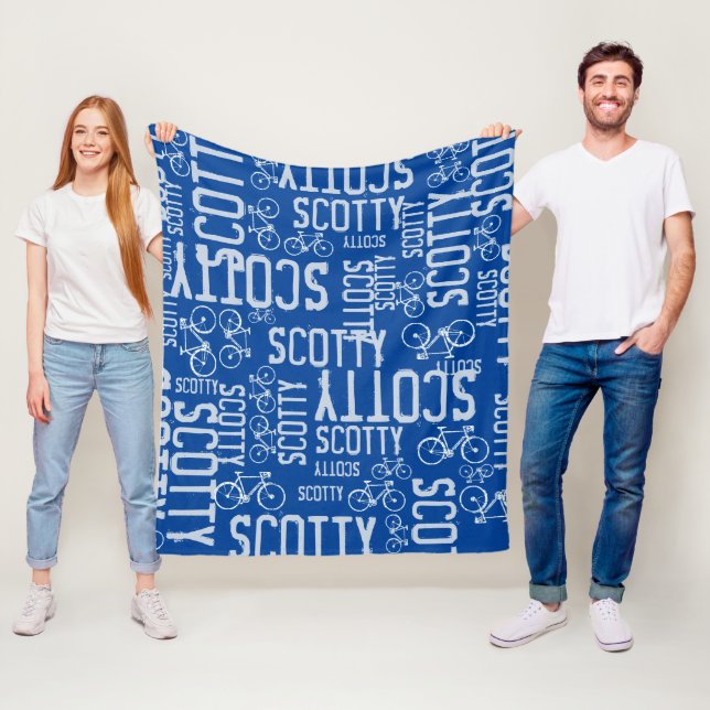 Typographic Personalised Names and Bikes Blue Fleece Blanket (In Situ)