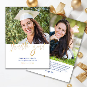 Typography 2 Photo Navy Blue and Gold Graduation Thank You Card