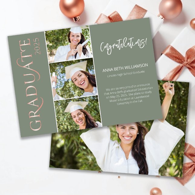 Typography 4 Photo Sage and Rose Gold Graduation Announcement (Creator Uploaded)