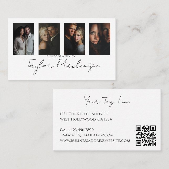 Typography 4 Photo Template Personalized QR Code Business Card (Front/Back)