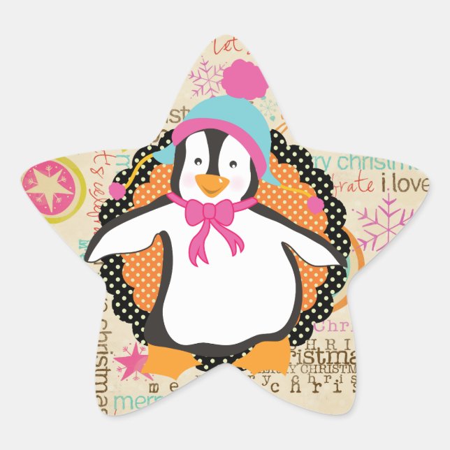 Typography and Penguins Whimsy Star Sticker (Front)