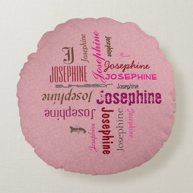 Typography any Personal Name Collage on any Colour Round Cushion (Front)