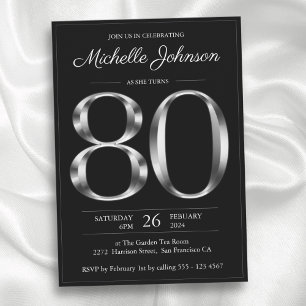 Typography Black and Silver 80th Birthday Invitation