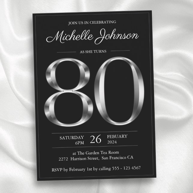 Typography Black and Silver 80th Birthday Invitation (Typography Black and Silver 80th Birthday Invitation)