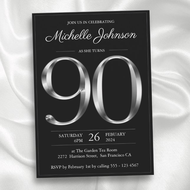 Typography Black and Silver 90th Birthday Invitation (Typography Black and Silver 90th Birthday Invitation)