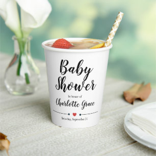 Typography Black White Baby Shower Heart Paper Cups