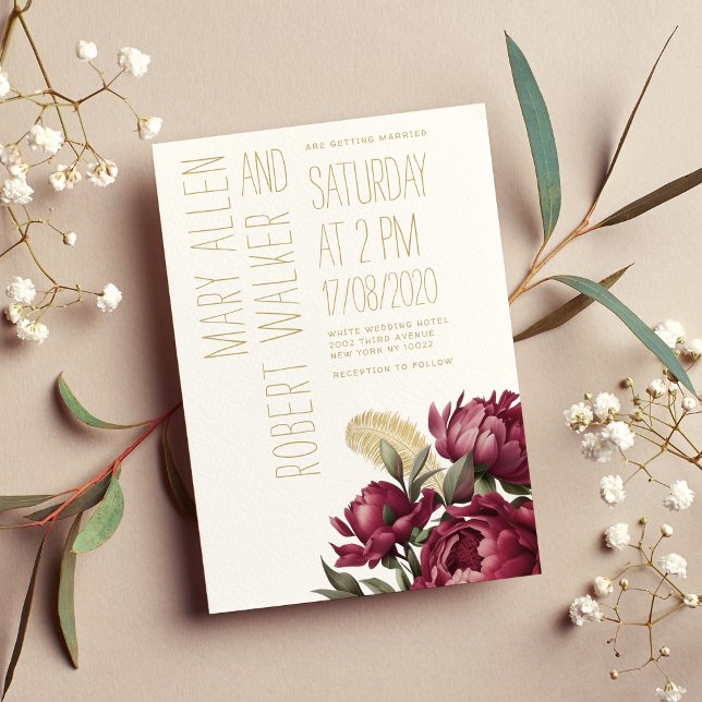 Typography burgundy gold peonies floral wedding invitation (Typography burgundy gold peonies floral wedding)