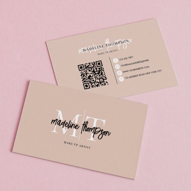 Typography Calligraphy Monogram Beige QR code Business Card (Creator Uploaded)
