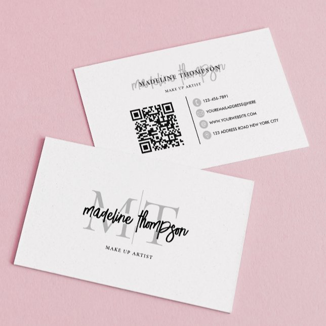 Typography Calligraphy Monogram Silver QR code Business Card (Creator Uploaded)